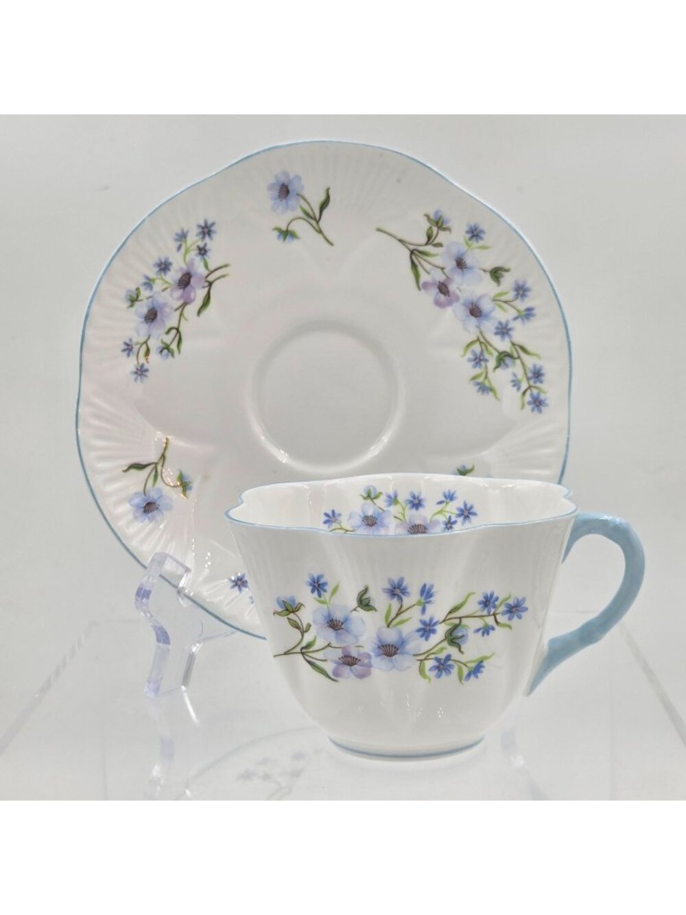 Shelley Blue Rock Dainty Set of 2 Flat Cup and Saucer Set Blue Trim Bone China